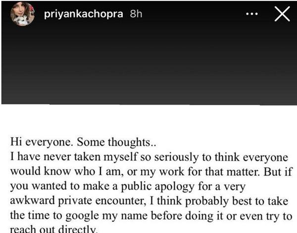 Một phần bài viết phản ứng của Priyanka. Ảnh: Instagram.