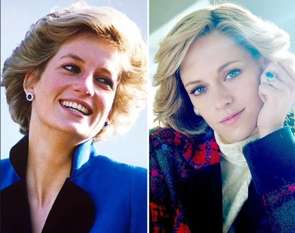 Kristen Stewart (phải) được nhiều người khen ngợi khi đóng vai Công nương Diana. Ảnh: News UK Ltd/ Shutterstock; SHOEBOX FILMS.