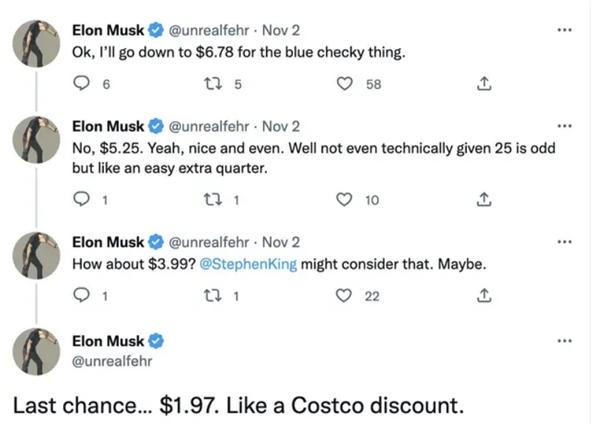 "Elon Musk" giảm giá như ở chợ. Ảnh: Twitter. "Elon Musk" giảm giá như ở chợ. Ảnh: Twitter.