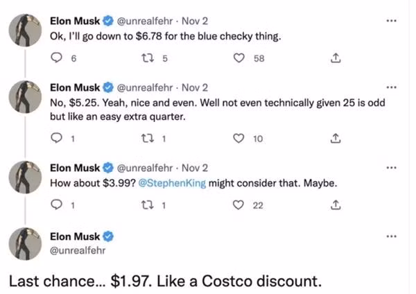 "Elon Musk" giảm giá như ở chợ. Ảnh: Twitter.