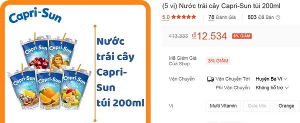 Nước trái cây hiệu Capri Sun được bán khá nhiều ở Việt Nam. (Ảnh chụp màn hình). Nước trái cây hiệu Capri Sun được bán khá nhiều ở Việt Nam. (Ảnh chụp màn hình).