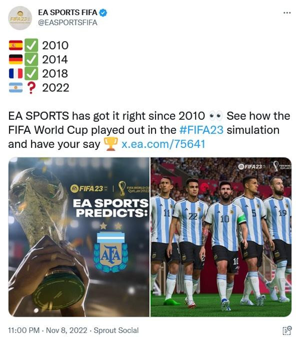 EA Sports đã vừa dự đoán đội sẽ vô địch World Cup 2022, sau nhiều lần đoán đúng ở những World Cup trước đây. (Ảnh chụp màn hình). EA Sports đã vừa dự đoán đội sẽ vô địch World Cup 2022, sau nhiều lần đoán đúng ở những World Cup trước đây. (Ảnh chụp màn hình).