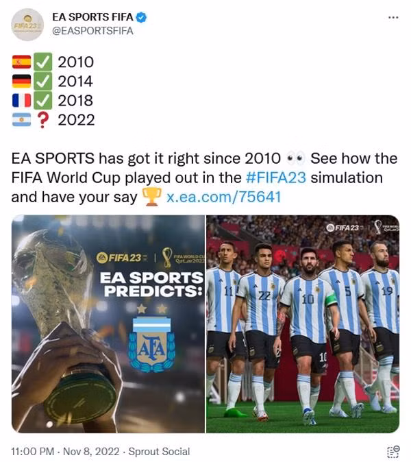 EA Sports đã vừa dự đoán đội sẽ vô địch World Cup 2022, sau nhiều lần đoán đúng ở những World Cup trước đây. (Ảnh chụp màn hình). EA Sports đã vừa dự đoán đội sẽ vô địch World Cup 2022, sau nhiều lần đoán đúng ở những World Cup trước đây. (Ảnh chụp màn hình).