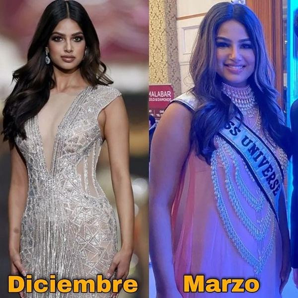 Có người đăng ảnh Harnaaz ở thời điểm tháng 12/2021 và tháng 3/2022 để so sánh sự khác biệt về ngoại hình. Ảnh: Instagram.