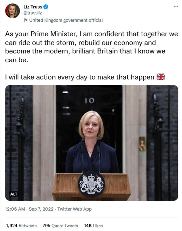 Đây mới là tài khoản Twitter của bà Liz Truss. (Ảnh chụp màn hình) Đây mới là tài khoản Twitter của bà Liz Truss. (Ảnh chụp màn hình)