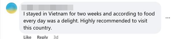 Một cư dân mạng ở nước ngoài viết rằng đã ở Việt Nam 2 tuần và ăn rất ngon. (Ảnh chụp màn hình). Một cư dân mạng ở nước ngoài viết rằng đã ở Việt Nam 2 tuần và ăn rất ngon. (Ảnh chụp màn hình).