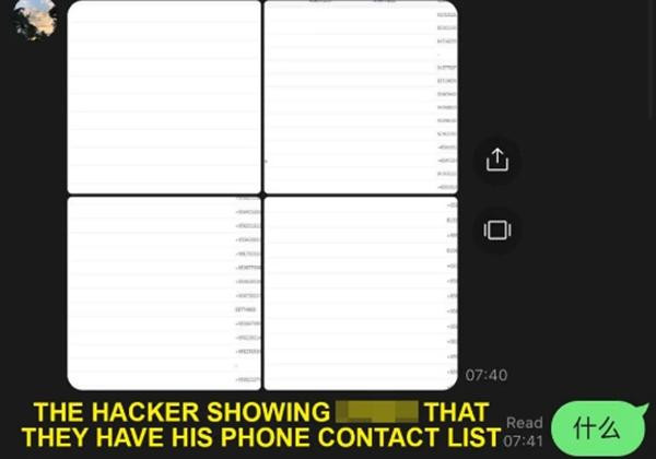 Kẻ tấn công gửi bằng chứng rằng hắn tiếp cận được danh bạ điện thoại của Owen, dọa sẽ cho anh "chịu nhục" cả đời nếu anh không chuyển tiền. Ảnh: Facebook. Kẻ tấn công gửi bằng chứng rằng hắn tiếp cận được danh bạ điện thoại của Owen, dọa sẽ cho anh "chịu nhục" cả đời nếu anh không chuyển tiền. Ảnh: Facebook.