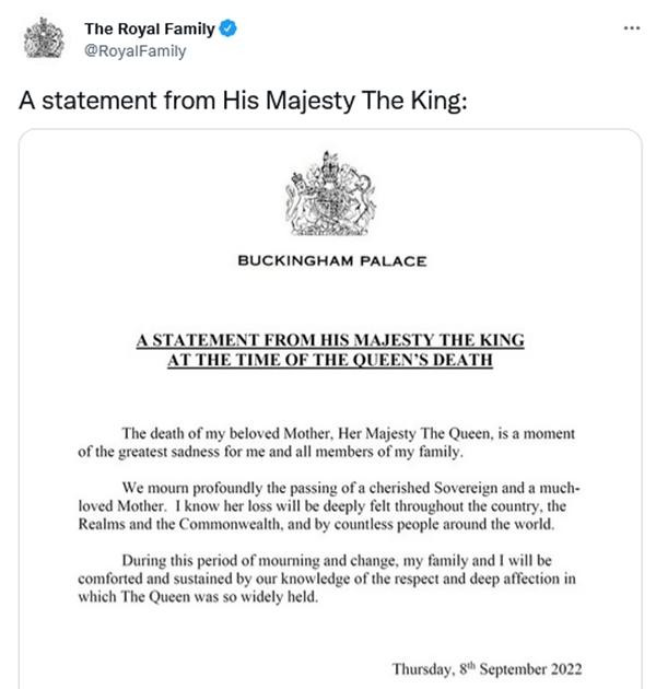 Thông báo đầu tiên của Vua Charles III. (Ảnh chụp màn hình). Thông báo đầu tiên của Vua Charles III. (Ảnh chụp màn hình).