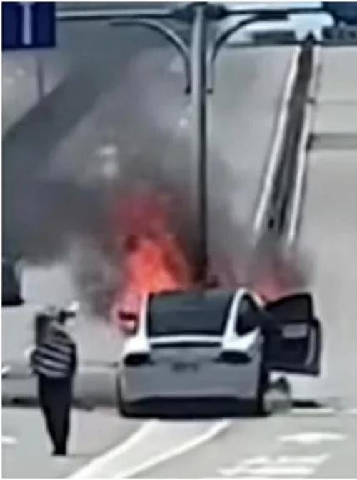 Xe Tesla do Lâm Chí Dĩnh lái đã đâm vào trụ ở điểm chia làn đường và bốc cháy. Ảnh: Apple Daily. Xe Tesla do Lâm Chí Dĩnh lái đã đâm vào trụ ở điểm chia làn đường và bốc cháy. Ảnh: Apple Daily.