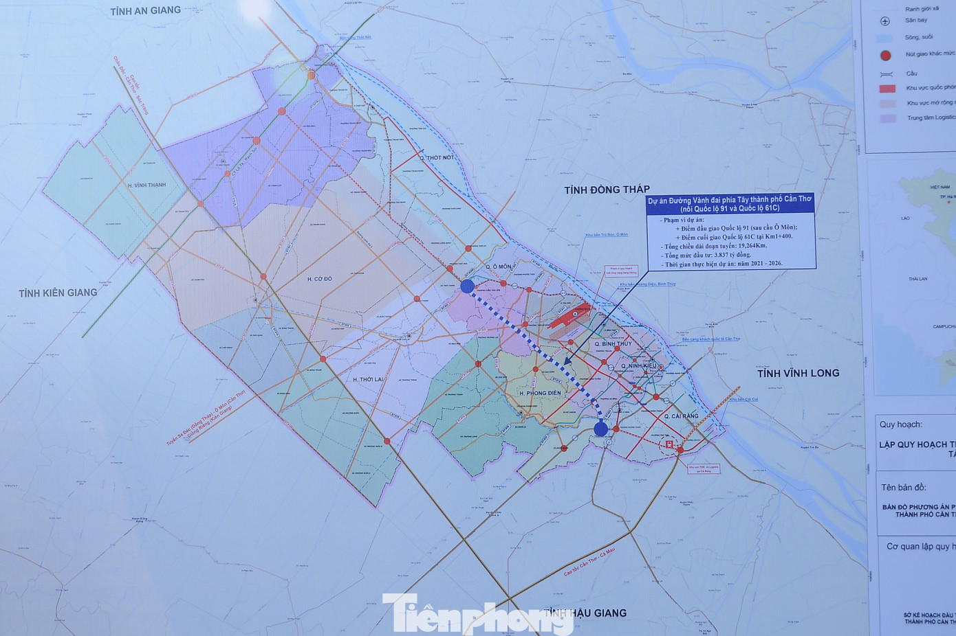 Dự án Đường vành đai phía Tây TP Cần Thơ (đường chấm màu xanh) dài hơn 19km, đi qua 5 quận/huyện.