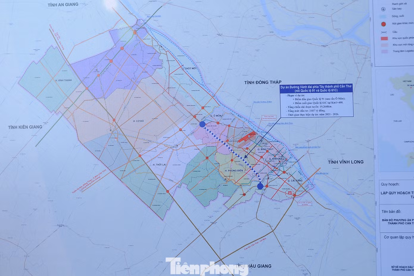 Dự án Đường vành đai phía Tây TP Cần Thơ (đường chấm màu xanh) dài hơn 19km, đi qua 5 quận/huyện.