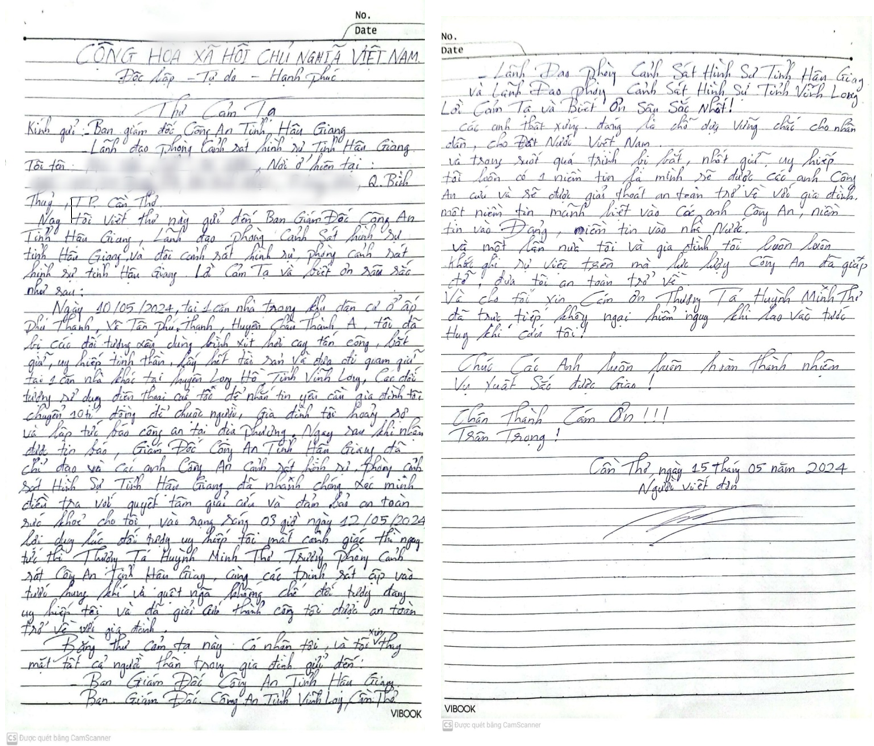 Thư của anh M.V.C. gửi Công an Hậu Giang. Thư của anh M.V.C. gửi Công an Hậu Giang.