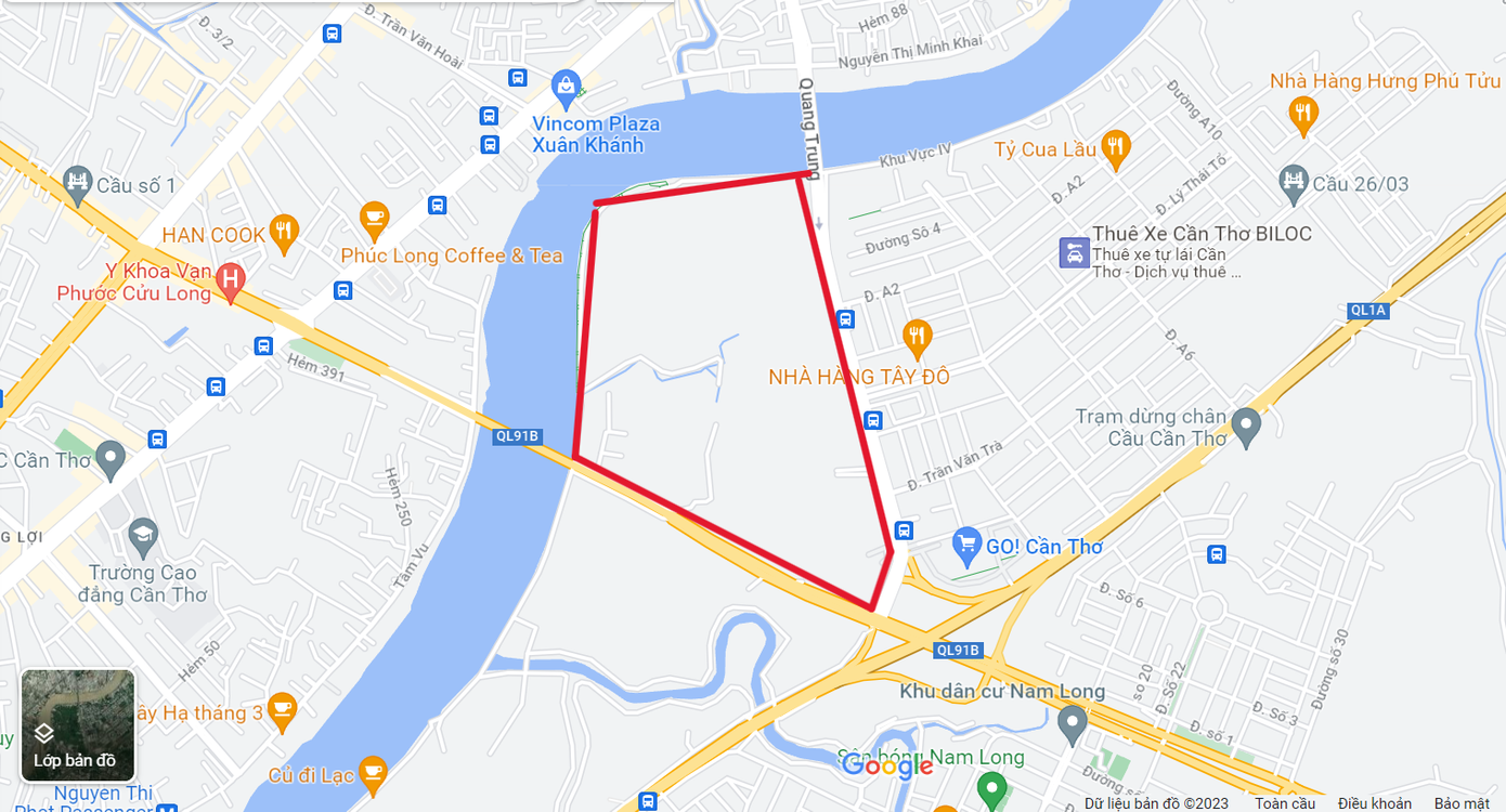 Vị trí quy hoạch Trung tâm Văn hóa Tây Đô và Khu hành chính tập trung thành phố Cần Thơ (khu vực màu đỏ).