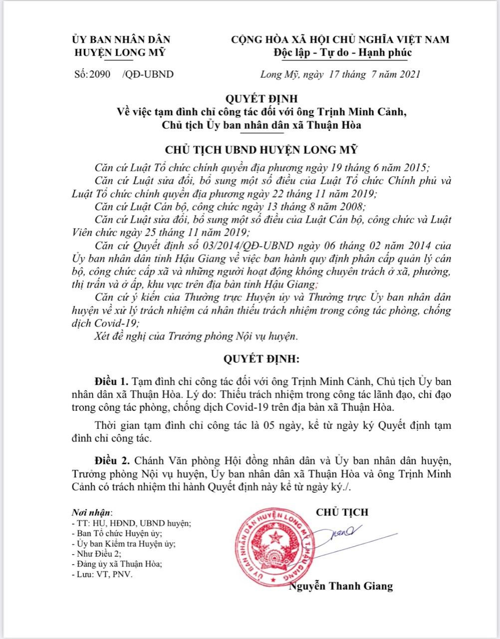 Quyết định của Chủ tịch UBND huyện Long Mỹ, tỉnh Hậu Giang.