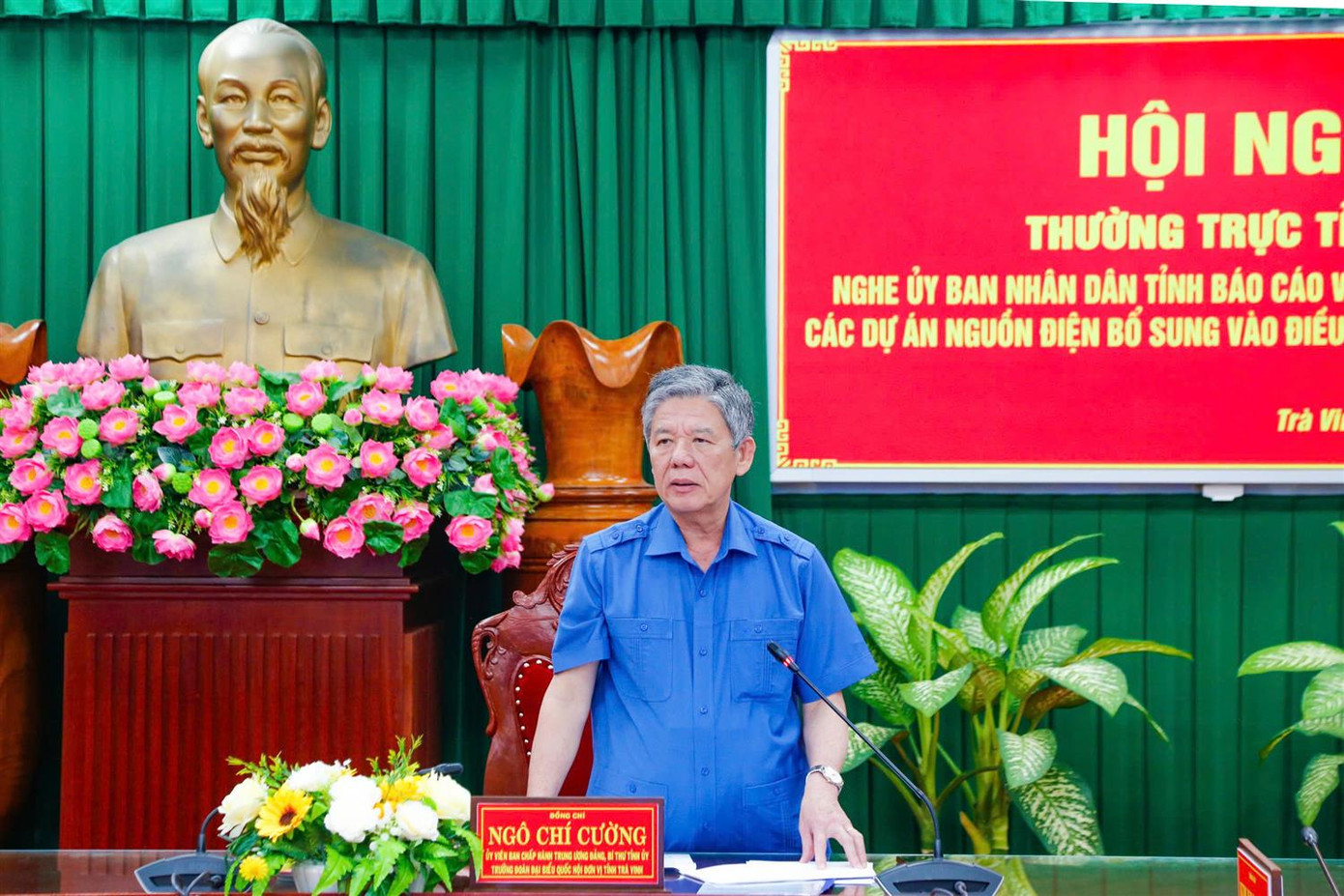 Bí thư Tỉnh ủy Trà Vinh - Ngô Chí Cường phát biểu tại cuộc họp. Ảnh: Phương An.