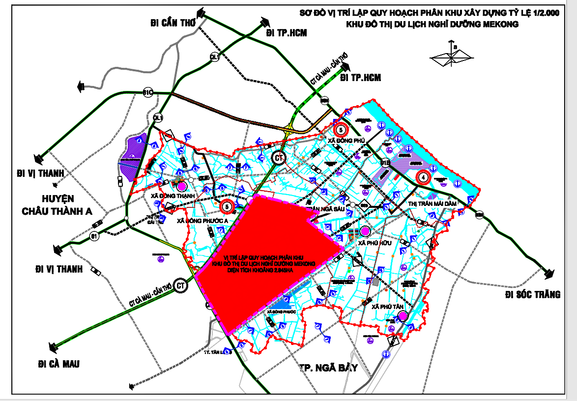 Vị trí quy hoạch dự án nghỉ dưỡng Mekong thuộc địa bàn huyện Châu Thành, Hậu Giang.