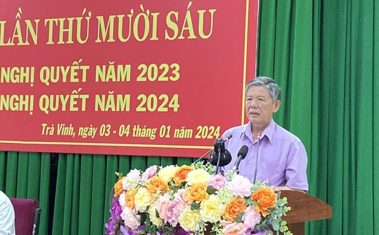 Bí thư Tỉnh ủy Trà Vinh Ngô Chí Cường phát biểu tại hội nghị. Ảnh: Nguyên Chương. Bí thư Tỉnh ủy Trà Vinh Ngô Chí Cường phát biểu tại hội nghị. Ảnh: Nguyên Chương.