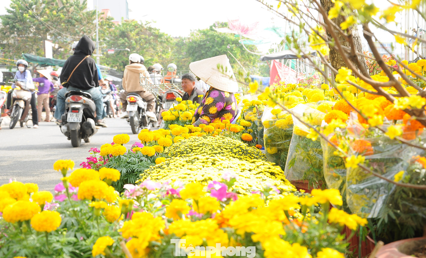 "Đường hoa" bờ hồ Xáng Thổi, người đi đường đông nhưng khách ghé xem hàng khiêm tốn.