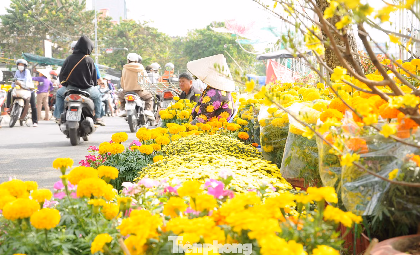 "Đường hoa" bờ hồ Xáng Thổi, người đi đường đông nhưng khách ghé xem hàng khiêm tốn.