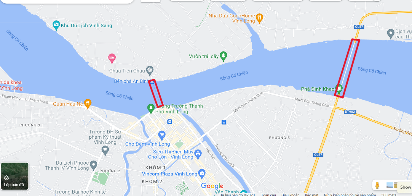 Vị trí bến phà An Bình và bến phà Đình Khao. Ảnh: Google Maps