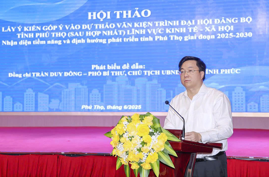 Ông Trần Duy Đông - Chủ tịch UBND tỉnh Vĩnh Phúc phát biểu khai mạc hội thảo. Ảnh: BVP