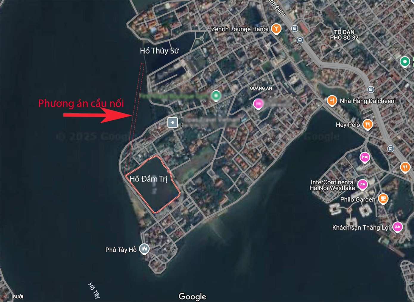 Cầu nối giữa hồ Thủy Sứ với hồ Đầm Trị tại khu vực bán đảo Quảng An, quận Tây Hồ. Được biết, đây mới chỉ là ý tưởng của đơn vị tư vấn, chưa có phương án cụ thể.