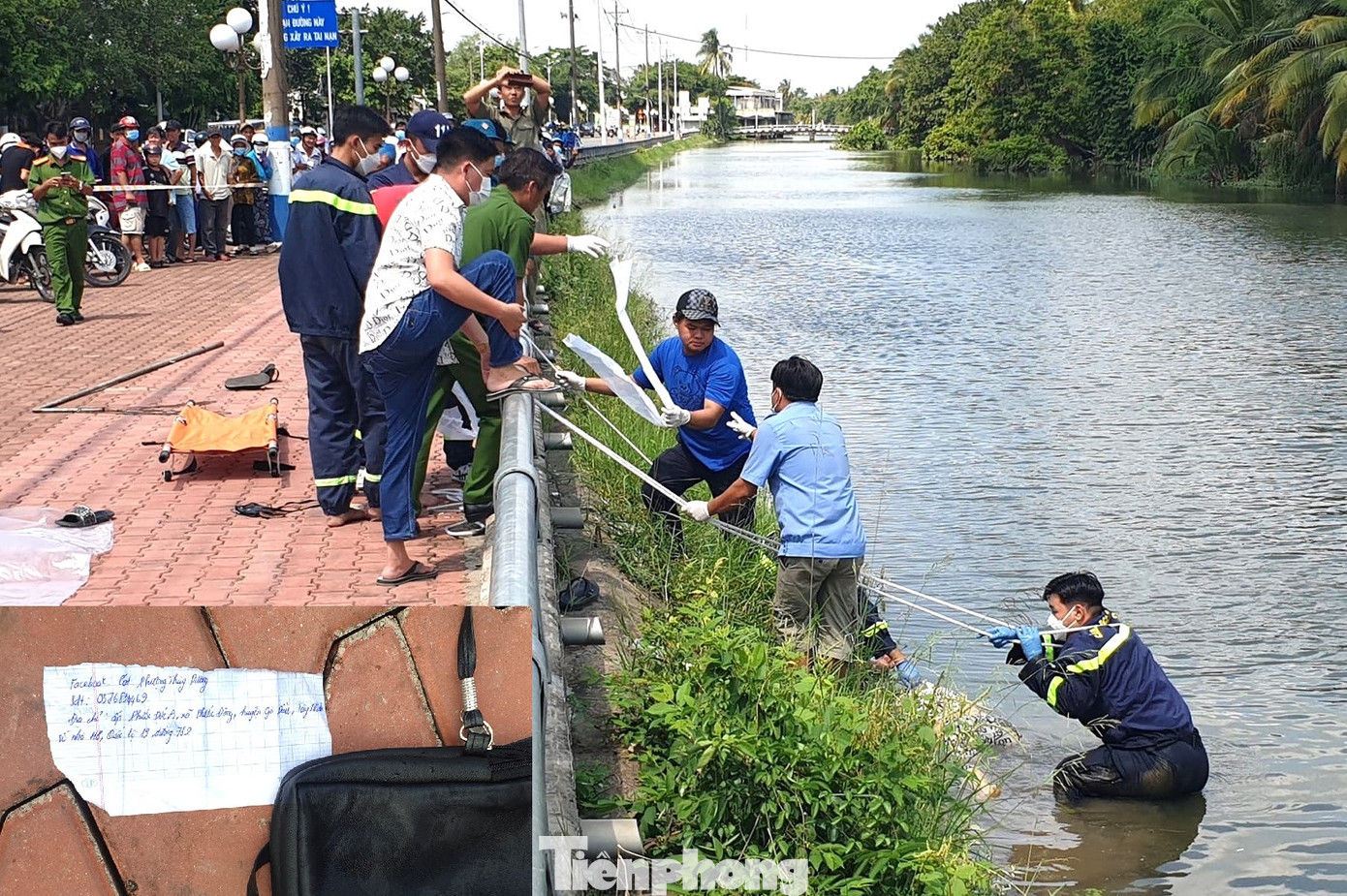 Hiện trường vụ việc (ảnh lớn) và mảnh giấy ghi tên, địa chỉ (ảnh nhỏ)