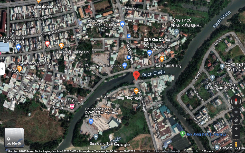 Vị trí cầu cống đập Rạch Chiếc trên đường Đỗ Xuân Hợp, TP Thủ Đức. (Ảnh chụp từ Google Map)