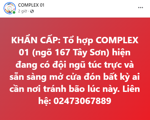 Một tổ hợp giải trí của giới trẻ ở Hà Nội cũng đăng thông báo sẵn sàng mở cửa đón bất kỳ ai cần nơi tránh bão. Ảnh: Complex 01 Một tổ hợp giải trí của giới trẻ ở Hà Nội cũng đăng thông báo sẵn sàng mở cửa đón bất kỳ ai cần nơi tránh bão. Ảnh: Complex 01