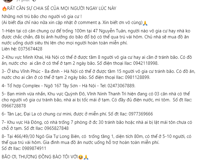 Ngoài ra, trên mạng xã hội còn nhiều tấm lòng hảo tâm khác cũng gửi lời chia sẻ, mời những ai cần đến tránh bão ngay lúc này. Ngoài ra, trên mạng xã hội còn nhiều tấm lòng hảo tâm khác cũng gửi lời chia sẻ, mời những ai cần đến tránh bão ngay lúc này.