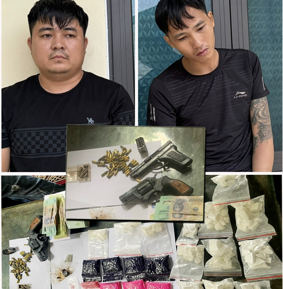 Hai đối tượng bị bắt và tang vật. Ảnh: Công an tỉnh Thanh Hoá