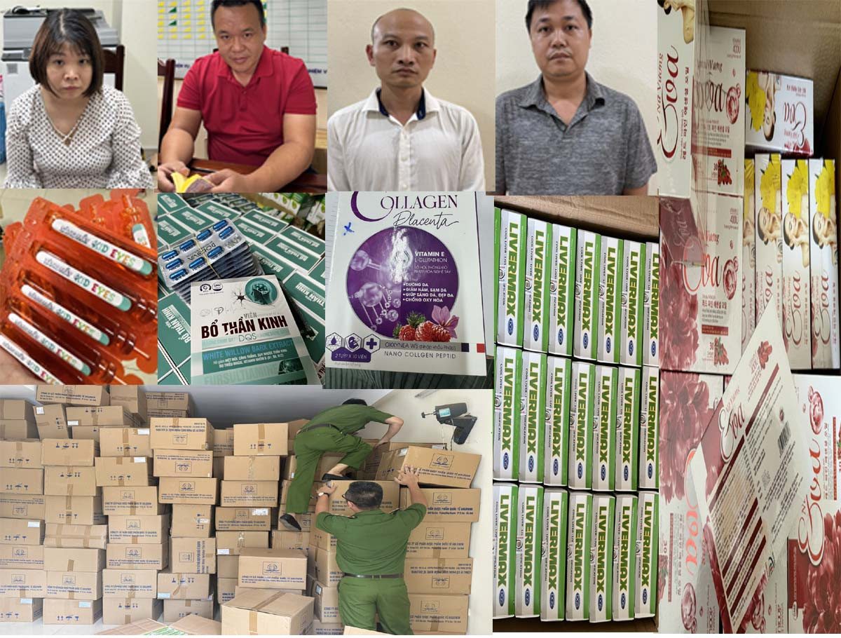 Các đối tượng (từ trái qua phải): Nga, Đôn, Hải, Phúc và các tang vật thu được. Ảnh do Công an Thanh Hoá cung cấp.