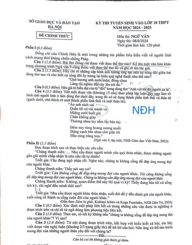Đề thi Ngữ Văn vào lớp 10 sáng nay, 8/6 Đề thi Ngữ Văn vào lớp 10 sáng nay, 8/6
