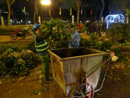 Chị lao công dọn dẹp những cây quất mà người bán bỏ lại trước đêm giao thừa