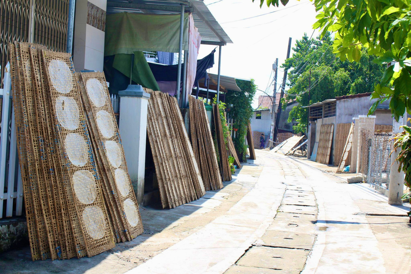 Đến Xóm Rượu nhiều người thích thú như lạc vào “mê cung bánh tráng” với những chiếc vỉ tre phơi bánh tráng trải dài 2 bên đường.