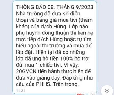 Giáo viên chủ nhiệm trường tiểu học C.N 2 thông báo việc huy động tiền mua tivi dịp đầu năm học. Ảnh chụp lại màn hình.