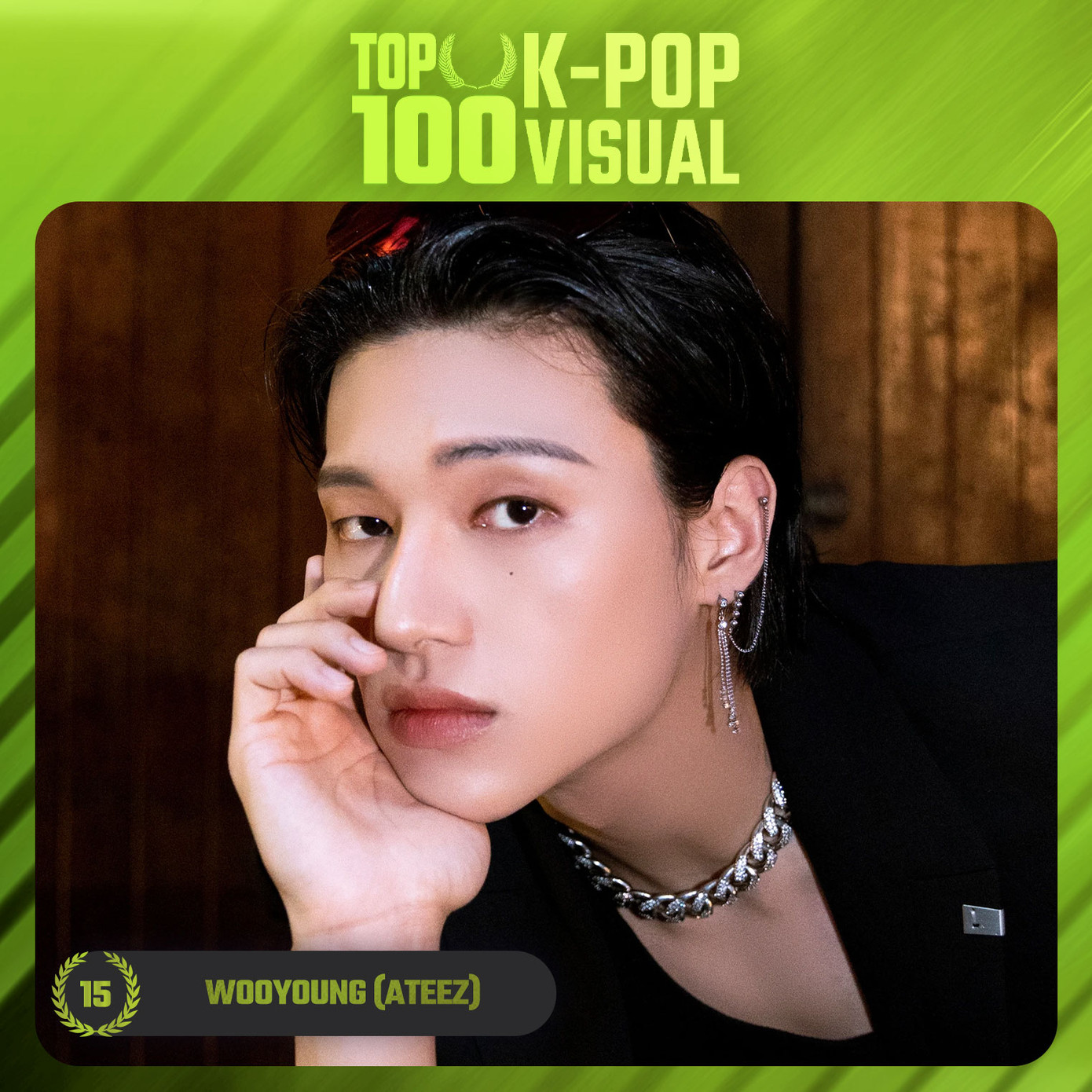 Wooyoung nhận được 32.508 phiếu bầu, xếp hạng 15. Anh sinh năm 1999, hoạt động trong nhóm ATEEZ từ năm 2018.