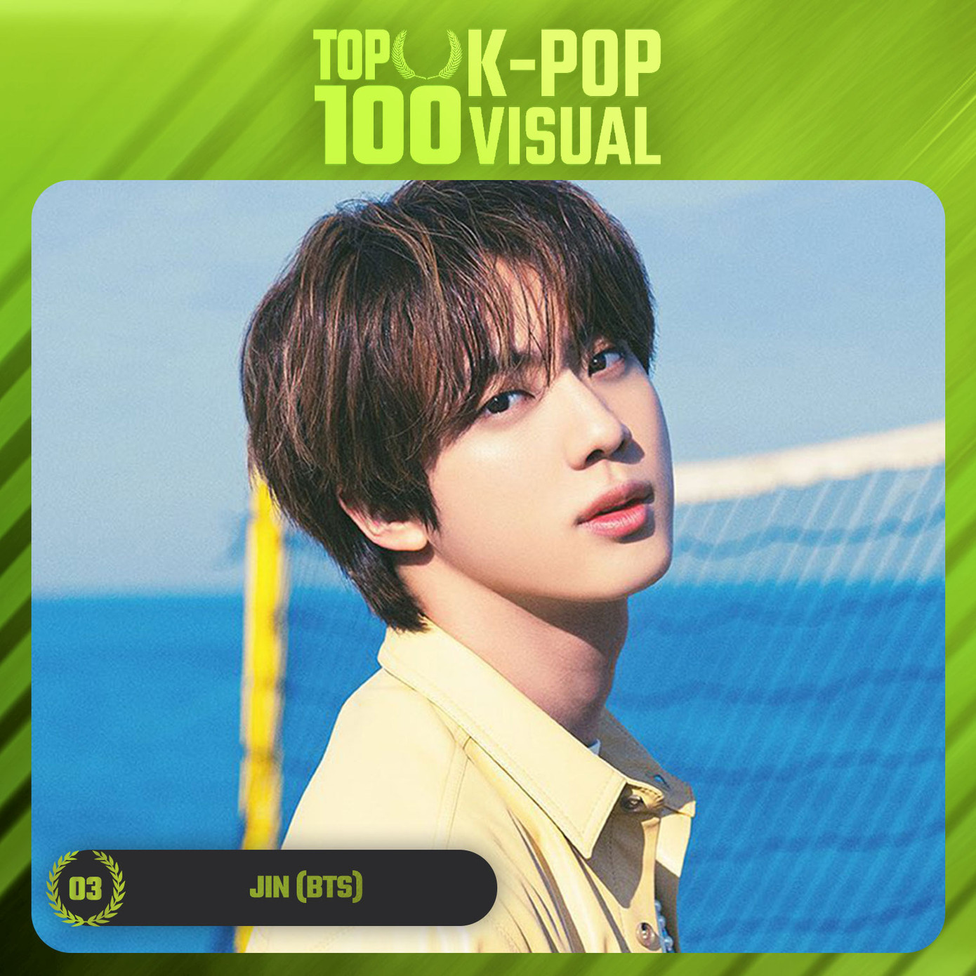 Hạng 3 là thành viên khác của BTS, Jin. Anh có 390.119 phiếu bầu. Jin nổi tiếng tự tin về ngoại hình. Trong một cuộc phỏng vấn với truyền thông quốc tế, anh tuyên bố đặc điểm tự hào nhất là gương mặt đẹp trai. Hiện tại, Jin tạm dừng hoạt động để hoàn thành nghĩa vụ quân sự bắt buộc.