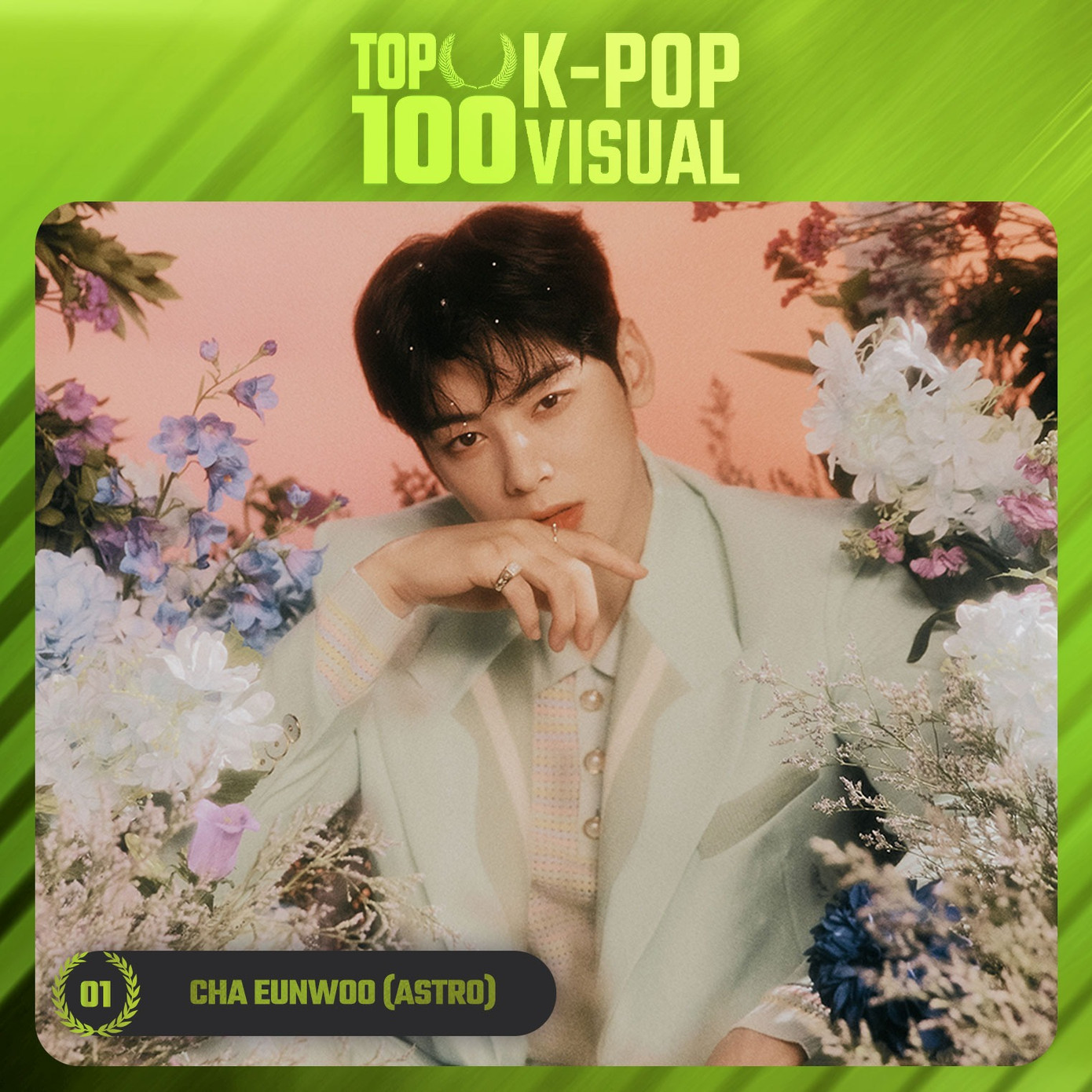 Với 912.476 phiếu bầu, Cha Eun Woo của ASTRO giành vị trí idol có visual xuất sắc nhất Kpop. Đây không phải kết quả bất ngờ vì ngôi sao sinh năm 1997 luôn có tên trong các bảng xếp hạng nhan sắc showbiz Hàn Quốc với thứ hạng cao. Anh cũng được biết đến với biệt danh &quot;thiên tài gương mặt&quot;.