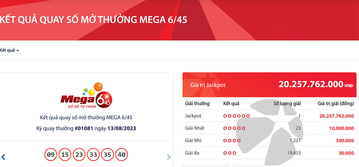 Kết quả kỳ quay số mở thưởng lần thứ 1081 của sản phẩm Mega 6/45 ngày 13/8. Kết quả kỳ quay số mở thưởng lần thứ 1081 của sản phẩm Mega 6/45 ngày 13/8.