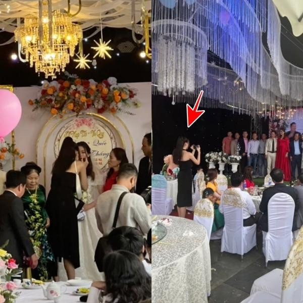 Hoa hậu Đỗ Thị Hà xuất hiện một cách giản dị và thân thiện với mọi người trong đám cưới. Thậm chí, cô nàng còn tô son cho cô dâu ngay trên sân khấu và chụp ảnh cho gia đình hai bên.