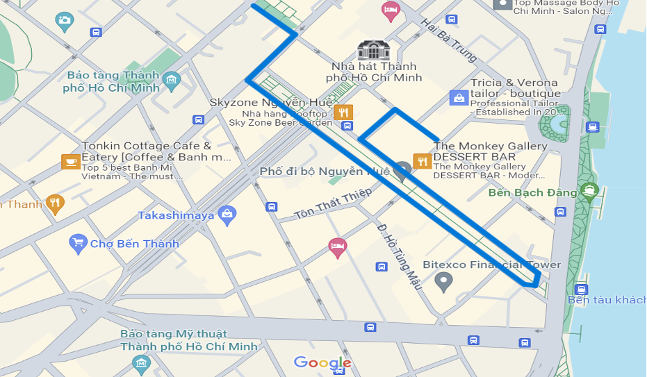 Lộ trình lưu thông thay thế: Đường Đồng Khởi → đường Lê Thánh Tôn → đường Nguyễn Huệ → đường Nguyễn Thiệp → đường Đồng Khởi. Nguồn: Sở GTVT TPHCM Lộ trình lưu thông thay thế: Đường Đồng Khởi → đường Lê Thánh Tôn → đường Nguyễn Huệ → đường Nguyễn Thiệp → đường Đồng Khởi. Nguồn: Sở GTVT TPHCM