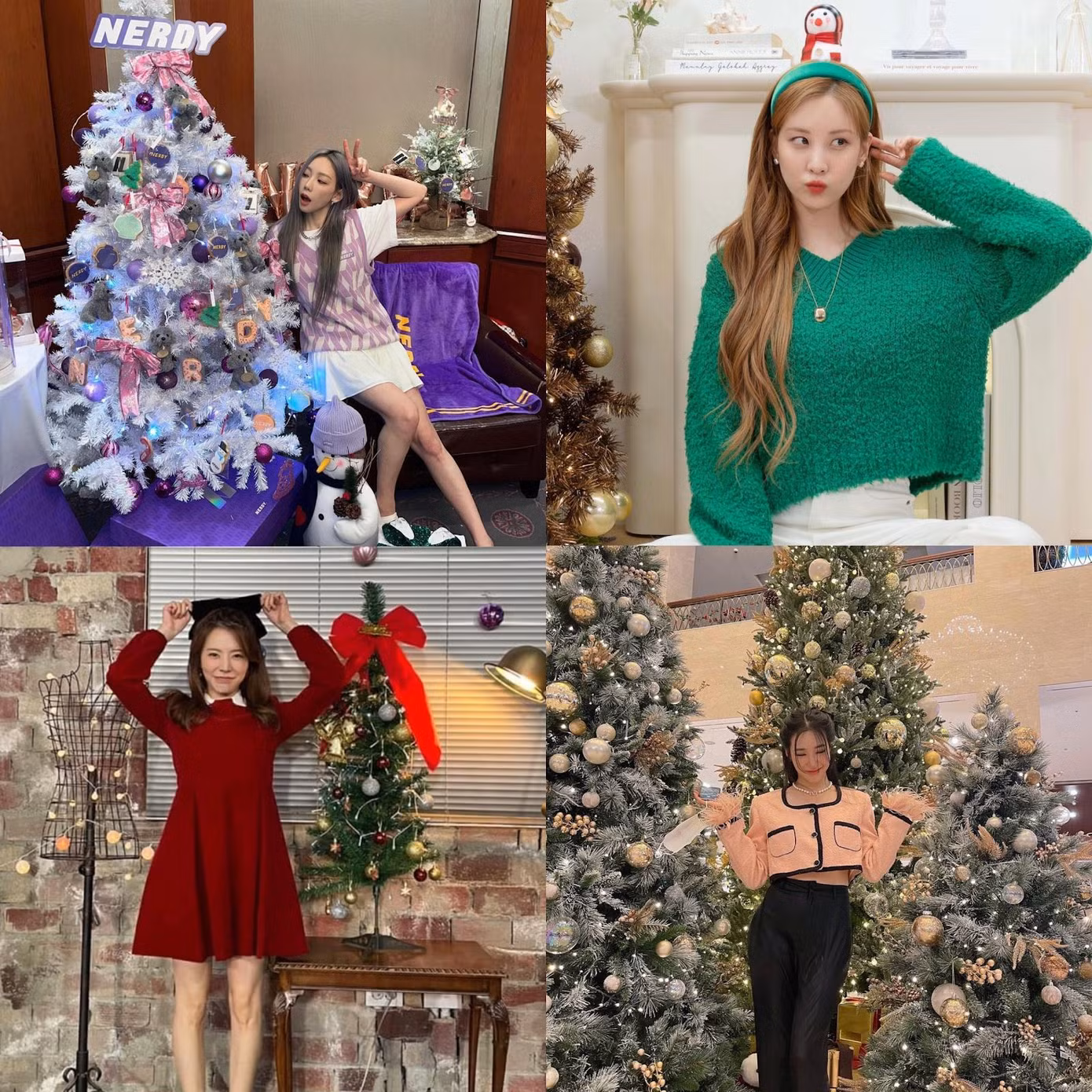 Thành viên "Nhóm nhạc nữ quốc dân” SNSD đón Giáng sinh vô cùng xinh đẹp. Trưởng nhóm Taeyeon có hẳn một cây thông màu tím yêu thích, em út Seohyun phát hành một video cover bản mashup các ca khúc Strawberry moon, For You, LOVE, Santa Baby đầy ngọt ngào và nhẹ nhàng. Sunny nhí nhảnh trong chiếc váy đỏ cạnh câu thông mini, còn cô nàng Tiffany thì nổi 'bần bật' cùng số lượng cây thông áp đảo.