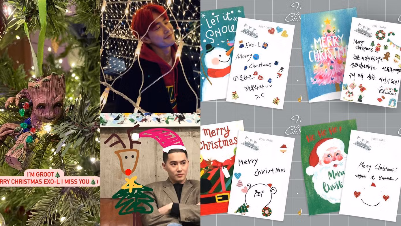Trong khi đó, các thành viên EXO lại chọn cách trang trí những chiếc thiệp xinh xắn mang tinh thần Giáng sinh. Đặc biệt, 'anh trưởng' Suho dù đang trong thời gian nhập ngũ nhưng cũng không quên cập nhật hình ảnh trên Instagram cá nhân, gửi những lời yêu thương đến EXO – L (tên cộng đồng fan hâm mộ của EXO).