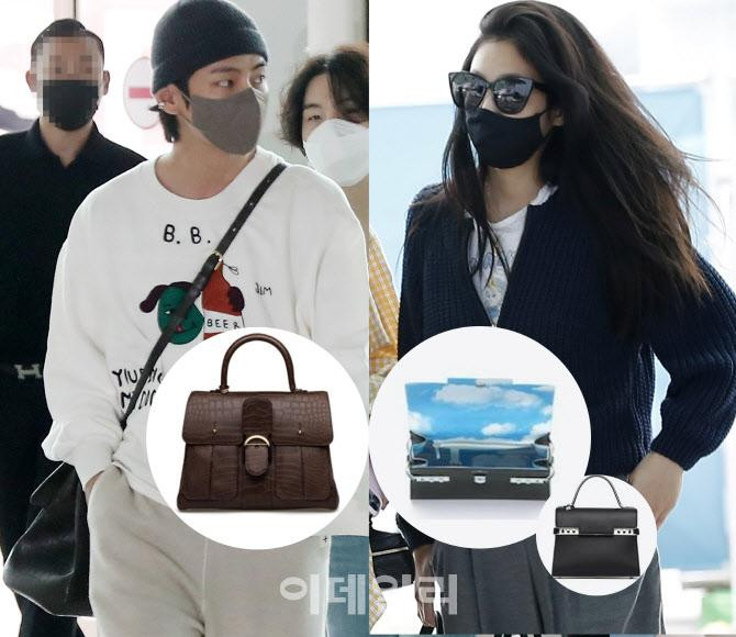 Thành viên BTS V (trái) tại sân bay quốc tế Incheon để tham dự sự kiện khách mời của Nhà Trắng vào ngày 29/5. Chiếc túi mà V đeo lúc đó là Briand Trench Crocodile Bag của Delvaux, chỉ có hai chiếc được nhập khẩu từ Hàn Quốc (giá là 60.000 won). Bên phải là Jennie trong chuyến khởi hành đến Los Angeles, Mỹ cùng các thành viên BlackPink vào ngày 15/9 và chiếc túi cô ấy đã mua vào đầu năm nay. ‘Tampett Magritte Cloud Edition’ được thiết kế với cảm hứng từ tác phẩm của họa sĩ siêu thực René Magritte (Ảnh: News 1). Điều đáng nói là đây là 2 chiếc túi sang trọng của cùng một thương hiệu. Chiếc túi được lựa chọn bởi ngôi sao nổi tiếng thế giới và người dẫn đầu xu hướng là 'Delvo'.
