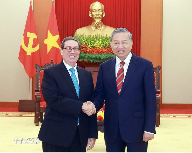 Tổng Bí thư Tô Lâm tiếp Bộ trưởng Ngoại giao Cuba Bruno Rodríguez Parrilla, ngày 19/2. (Ảnh: TTXVN)