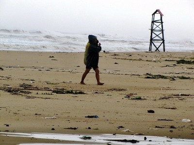Dân tranh thủ ra bãi tắm tìm nhặt phế liệu dạt vào từ biển vào sau khi bão tan. (