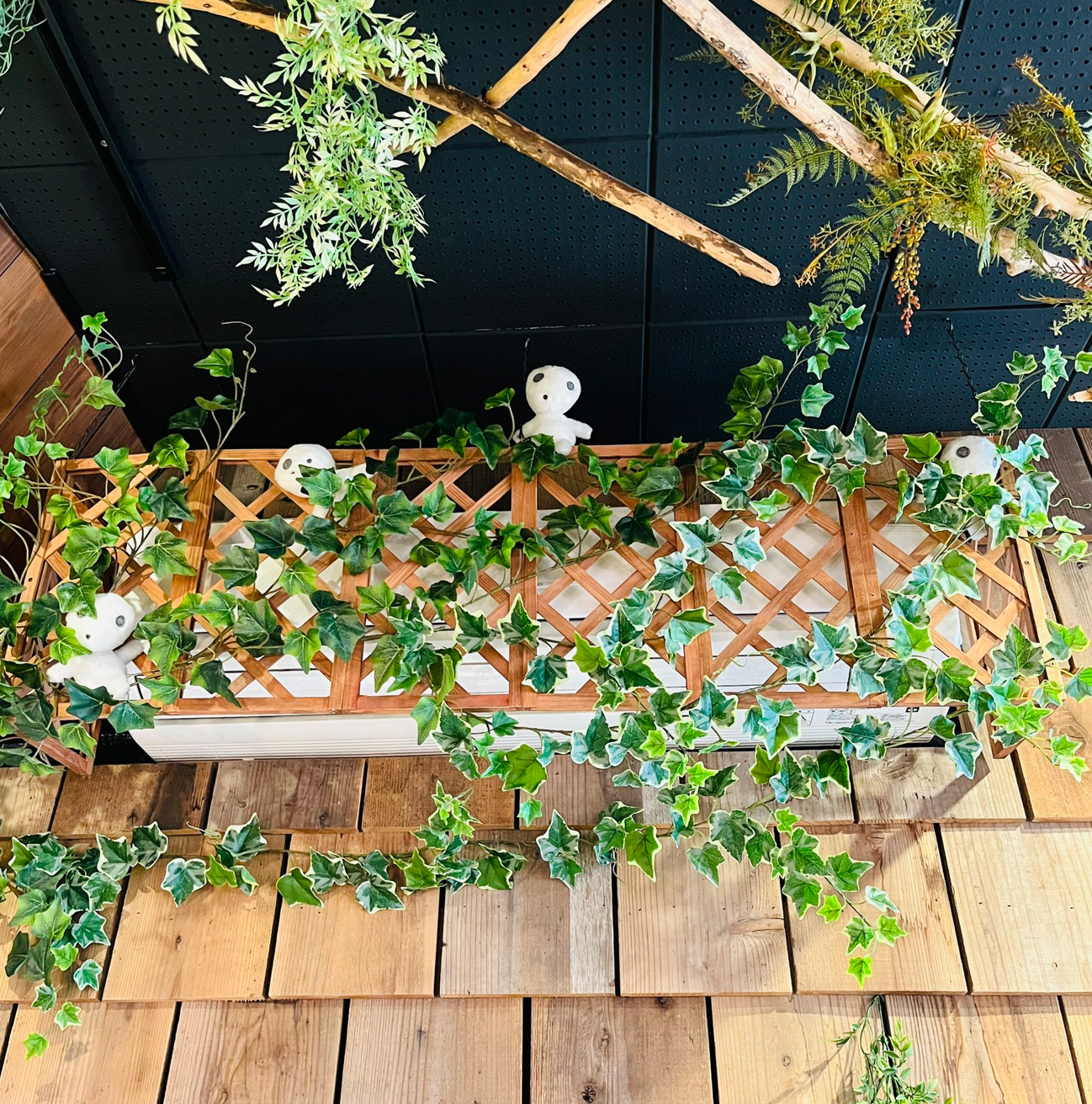 Mộc linh Kodama được trang trí cùng dây leo trên trần quán. (Ảnh: @moricafe_kodama) Mộc linh Kodama được trang trí cùng dây leo trên trần quán. (Ảnh: @moricafe_kodama)