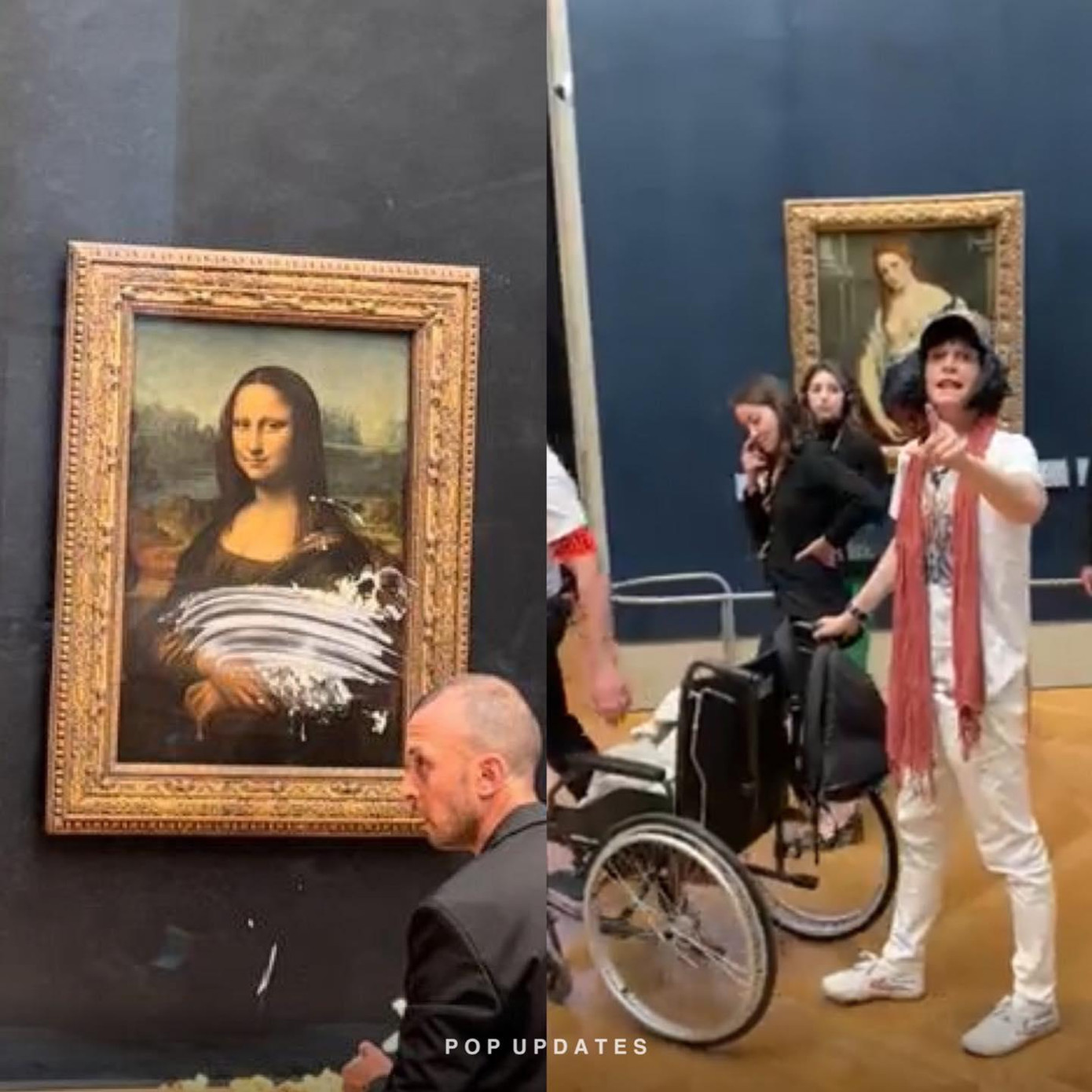 Hình ảnh người đàn ông kỳ quặc cùng bức tranh Mona Lisa sau khi đã được “trang trí” thêm bánh kem. Ảnh: Fanpage Pop Updates