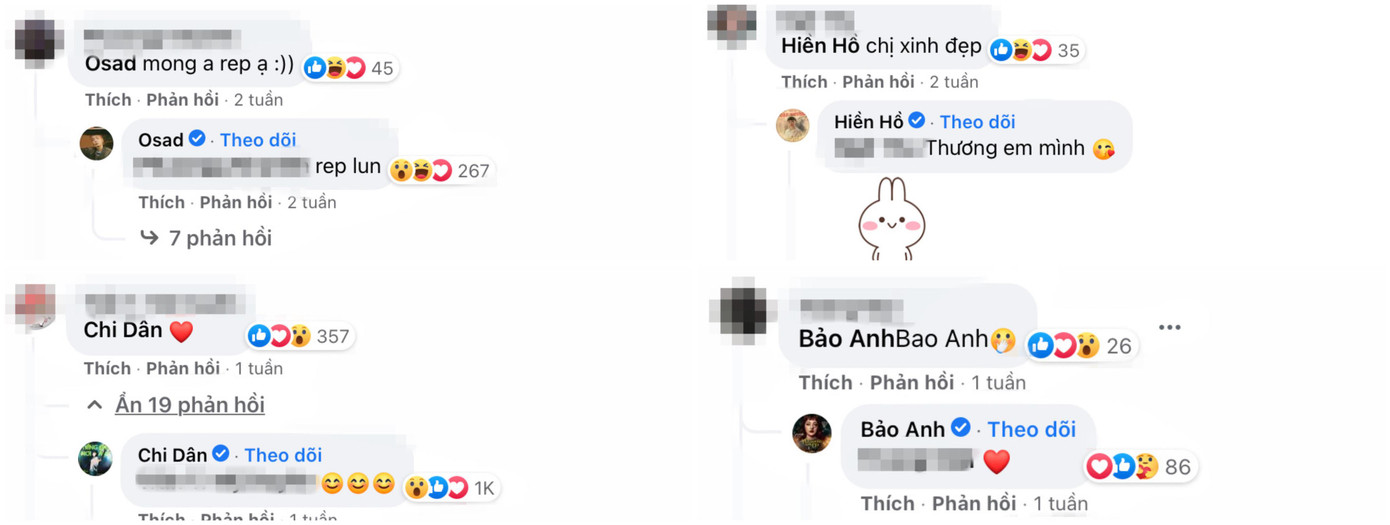 Các nghệ sĩ cực “chiều” fan khi chăm chỉ trả lời từng bình luận một. Các nghệ sĩ cực “chiều” fan khi chăm chỉ trả lời từng bình luận một.